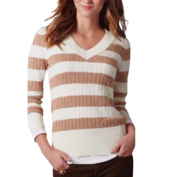 LOFT White Tan Striped V Neck Sweater Small NWOT - Picture 1 of 5